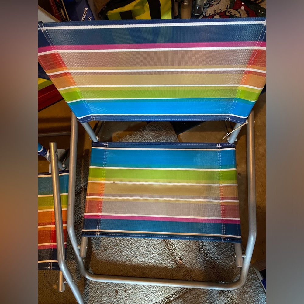 Vintage Beach Low Lawn  Aluminum Chairs Striped Blue Pink Yellow Green set of/2 - Picture 3 of 5